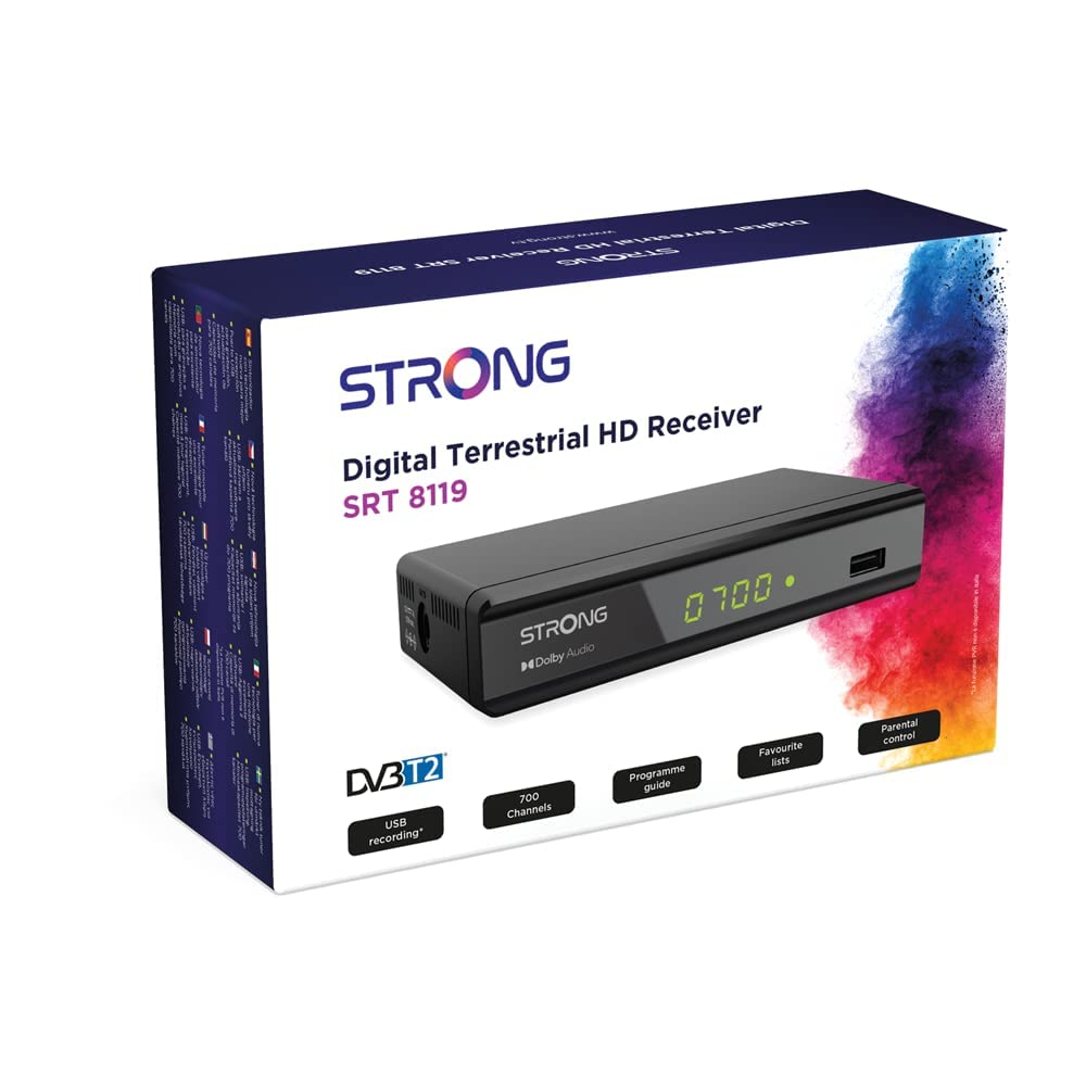Strong SRT8119 - Decodificador TDT Full HD -DVB-T2 - Compatible con HEVC265 - Receptor/sintonizador de TV con función grabadora (HDMI, euroconector, USB, Dolby Digital Plus)