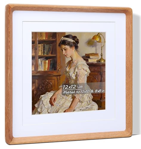 Image of Square 12x12 Picture Frame with Mat for 8x8 /10x10, USA-Sourced Natural Teak Wood Handcrafted Rounded Corner with Real Glass, Vertical or Horizontal Display Photo Gallery Wall Mounting Frame