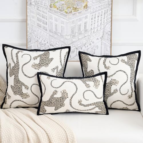 Housses de coussin velours chenille antitache motif léopard blanc crème