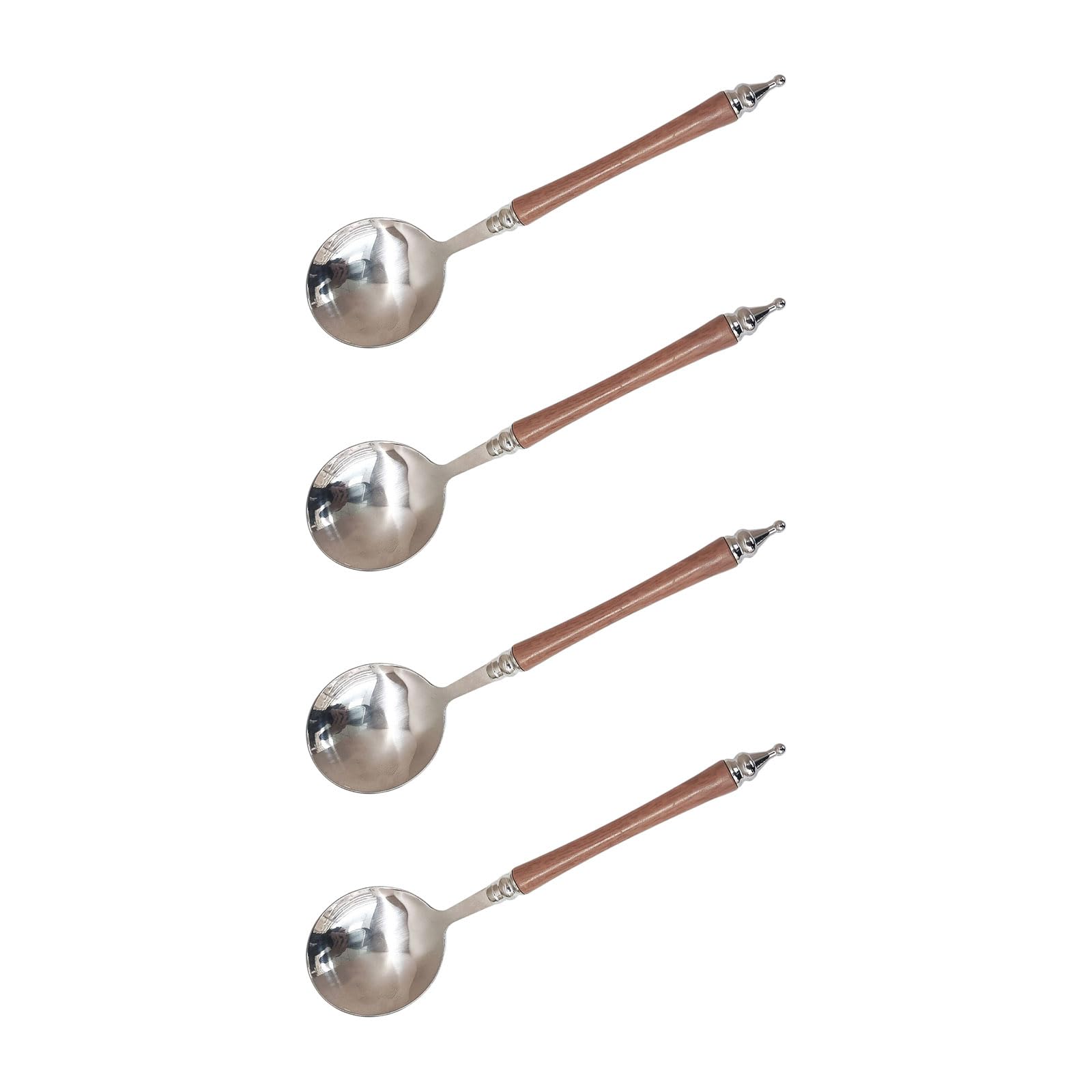 alloneslife Heatproof Wood Handle Stainless Steels Round Spoons 4 Piece Eating Utensils for Kitchen Daily Cooking and Serving Stainless Steels Wooden Handle Soup Spoon