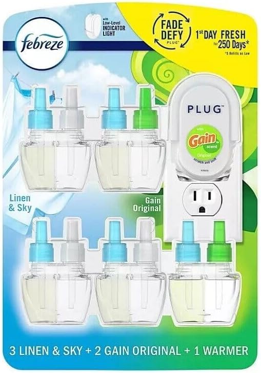 Febreze - Ambientadores enchufables  Eliminador de olores para olores fuertes  1 calentador + 5 repuestos de aceite (el embalaje puede variar)