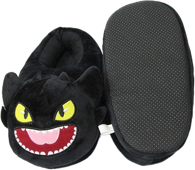 Plush Animal House Slippers, Black Dragon Design, Indoor Winter Warm Footwear, Unisex Size 8.5