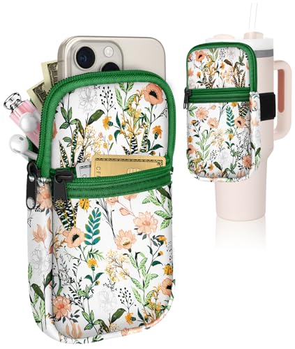 Water Bottle Pouch Backpack For Stanley Quencher Cup - Flower Floral Green 40 30 oz Tumbler Bag Purse Pack Wallet For Phone Keys Gym Accessories