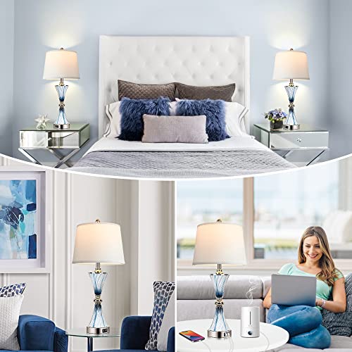 Set of 2 Blue Glass Table Lamps for Bedrooms with 2 USB ports 3-Way Dimmable Touch Coastal Bedside Lamps for Contemporary Style Modern Nightstand Lamps with 2 LED Bulbs for Home Lighting Decoration - Image 6