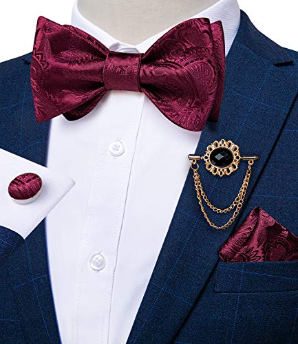 Image of DiBanGu Silk Woven Bowtie Mens Self Bow Tie Set with Lapel Pin