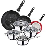 San Ignacio PACK DE 3 SARTENES diámetro 16CM diámetro 20CM diámetro 24CM + BATERÍA DE COCINA DE 7 PIEZAS EN ACERO INOXIDABLE, Negro/Cromado, PK4818