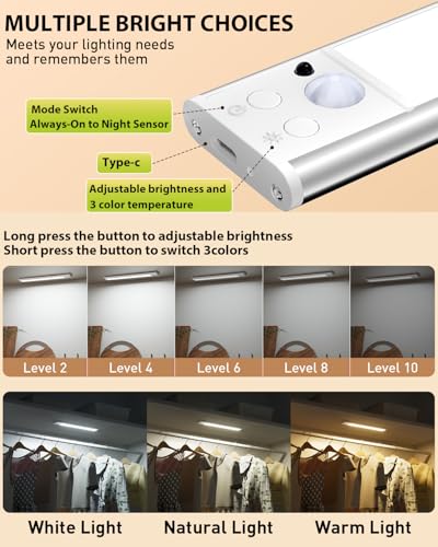 Image of 80-LED Motion Sensor Light Indoor with Remote, 12 inch Under Cabinet Lighting Wireless, Timer & Dimmable Under Cabinet Lights, Under Counter Lights for Kitchen, Stairs, Hallway, 3 Color, 2Pack
