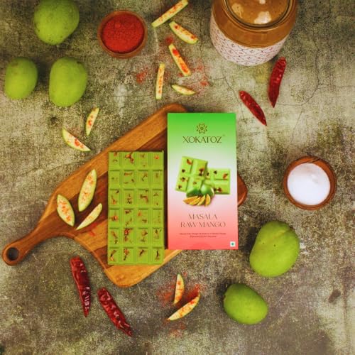 Image of XOKATOZ Exotic Premium Couverture Belgian Chocolate - 1 Masala Raw Mango Flavoured White Chocolate Bar Gift Set Pack of 1, 75g