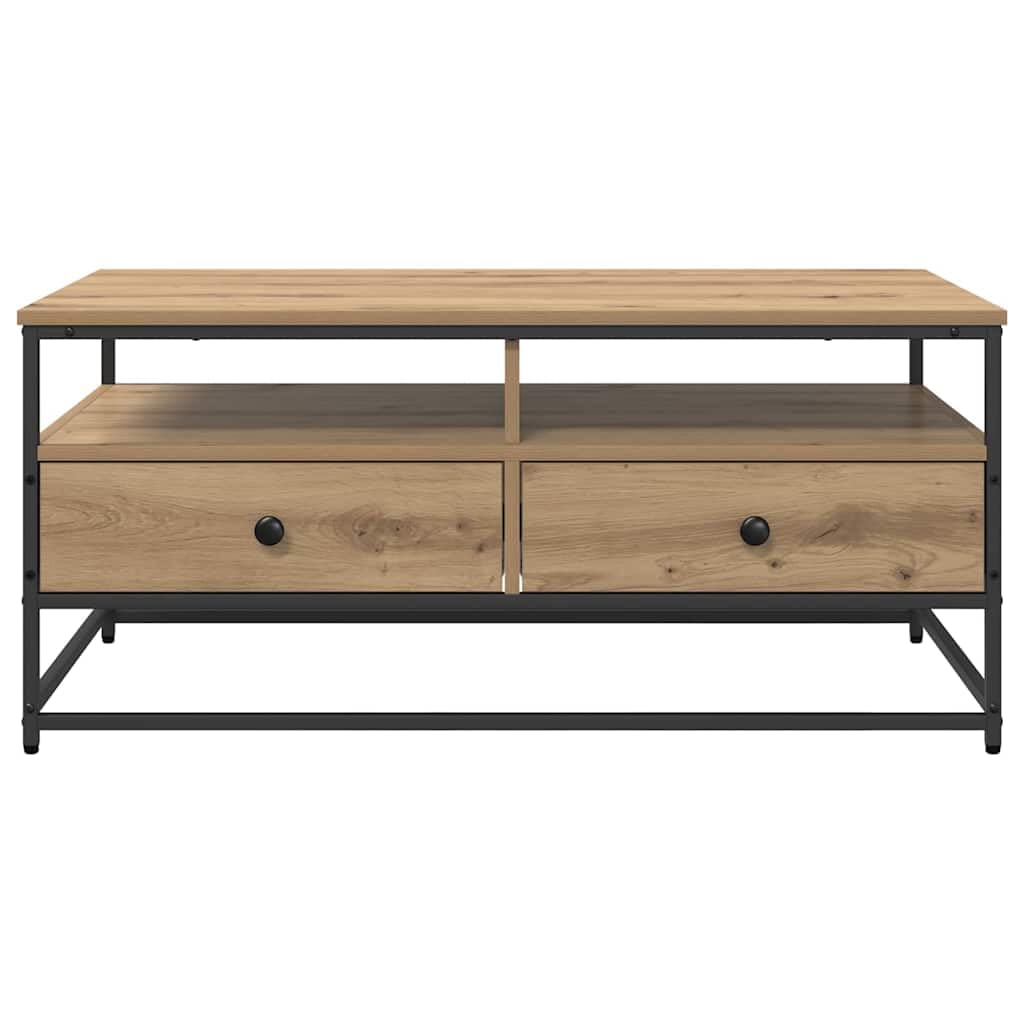 Mesa de centro de roble Artisan, 100 x 51 x 45 cm, de material de madera con 2 estantes y cajón, mesa auxiliar industrial pequeña para salón, moderna y robusta para sofá o sillón