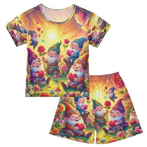 Gnome Valentines Flower Heart Pajama Set Short Sleeve Summer Pajamas Shorts Sets PJ Clothes Set Soft 5Y