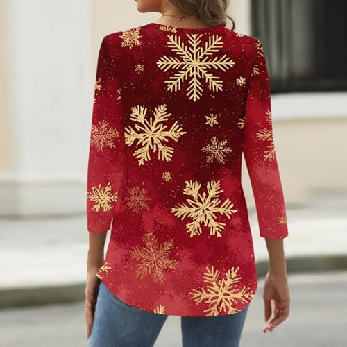 Image of Women Christmas Shirt 3 /4 Length Sleeve Henley Tops Xmas Outfits