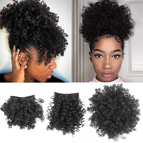 Postiche pour femmes afro-américaines - Queue de cheval avec cordon de serrage et frange - Afro Puff avec 2 franges remplaçables - Chignon Ananas - Cheveux crépus / bouclés courts (#1B-noir)