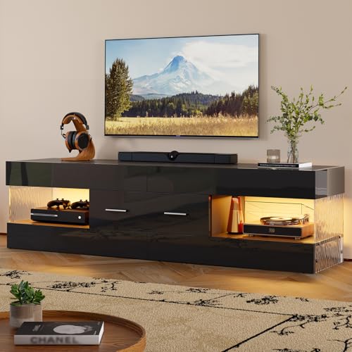 Image of Bestier Black 60 Inch Modern TV Stand, LED Entertainment Center with Drawer | Fits up to 65 in TV, High Gloss with Stone Pattern, Large Storage Drawer & Open Shelves, 7-Color LED Lights for Living Room