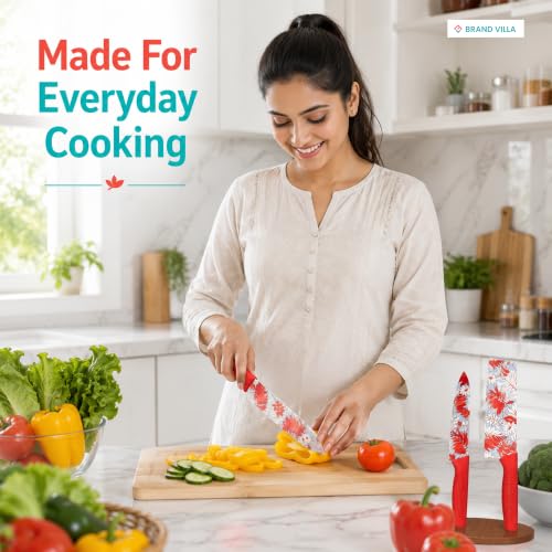 Image of BRAND VILLA Kitchen Knife Set of 3, Ultra Sharp Stainless Steel Chef Knife, Utility Knife & Paring Knife, Non-Stick Coated Blades, Ergonomic Anti-Slip Handle for Fruits, Vegetables & Meat (Red)