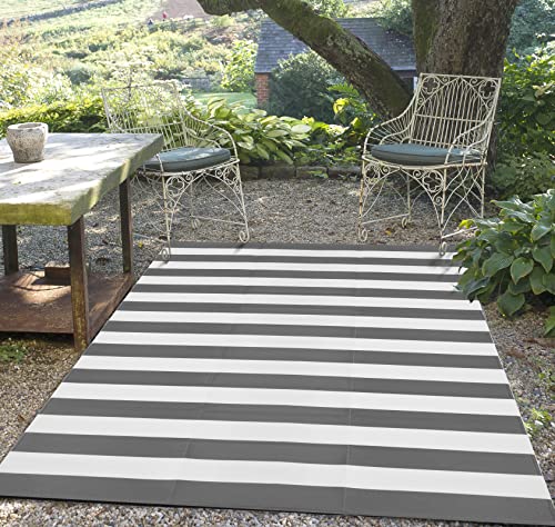 Fh Home Outdoor Rug - Waterproof, Fade Resistant, Reversible - Premium Recycled Plastic - Striped - Large Patio, Deck, Sunroom, Rv, Camping - Brittany Stripe - Gray & White - 9 X 12 Ft Foldable #TOP3