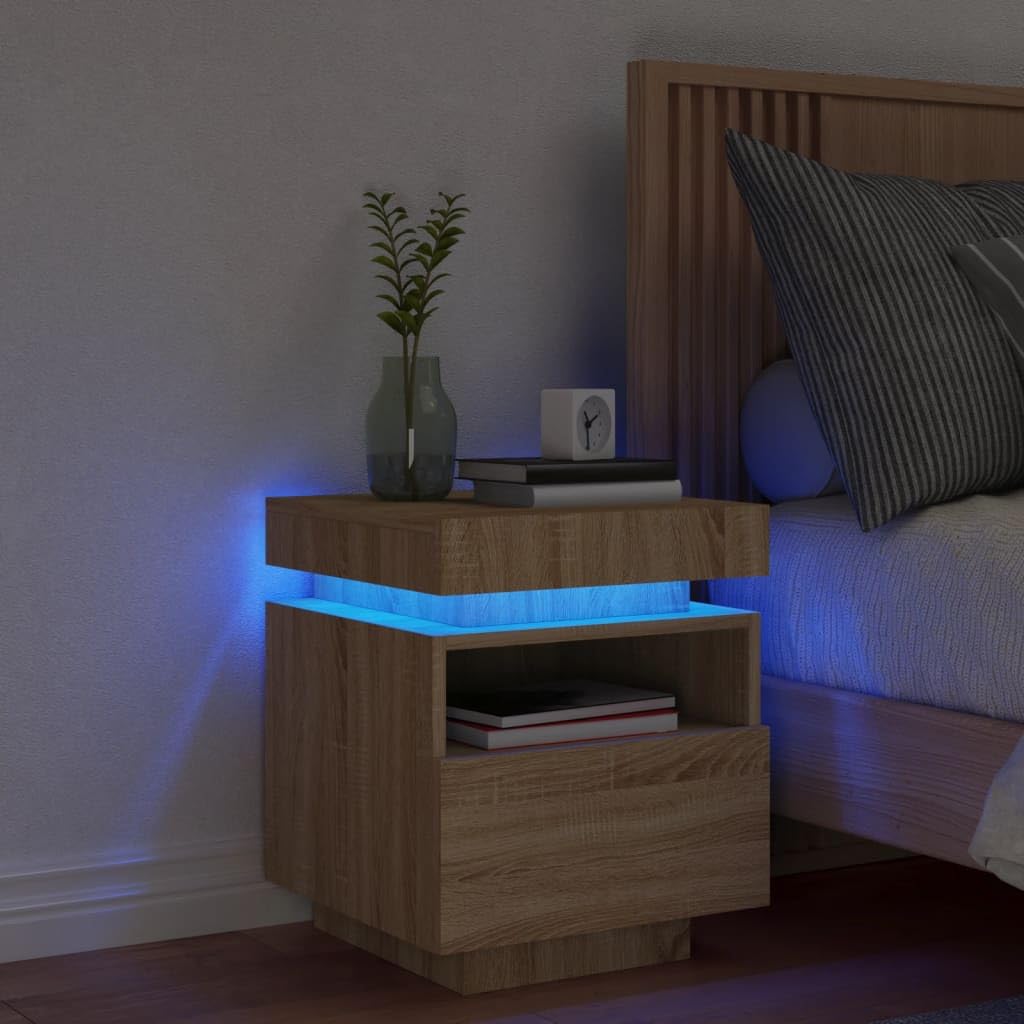 YUANCHUTOP LED Floating Bedside Table with Drawer and Shelf, Wall Mounted Nightstand with LED Lights, Floor Stand or Wall Mount, for Living Room Bedroom - Brown