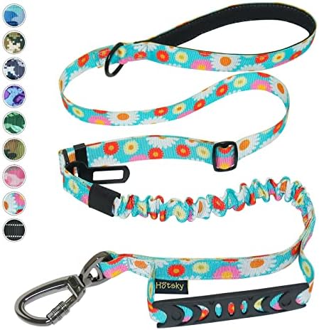 Heavy Duty Dog Leash, Hotsky Tactical Dog Leash with Car Seat Belt and Double Handle for Large Dogs Up to 150lbs, 4Ft 6Ft Adjustable Shock Absorbing Strong Dog Leash for Dog Training Walking (Daisy)