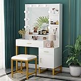 Tribesigns Vanity Set with Lighted Mirror & Stool, Elegant Makeup Table Vanity Dresser with 9 LED...