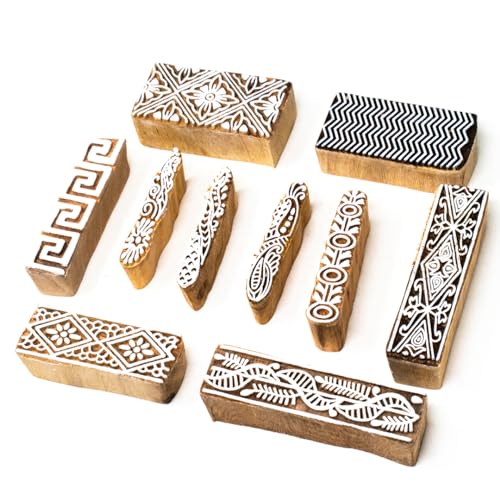 Image of Wooden Indian Traditional Design Printing Stamps /Blocks for Printing Saree Border /Dresses /Craft Card Making /Scrapbook /Clay Pottery (Set of 10)