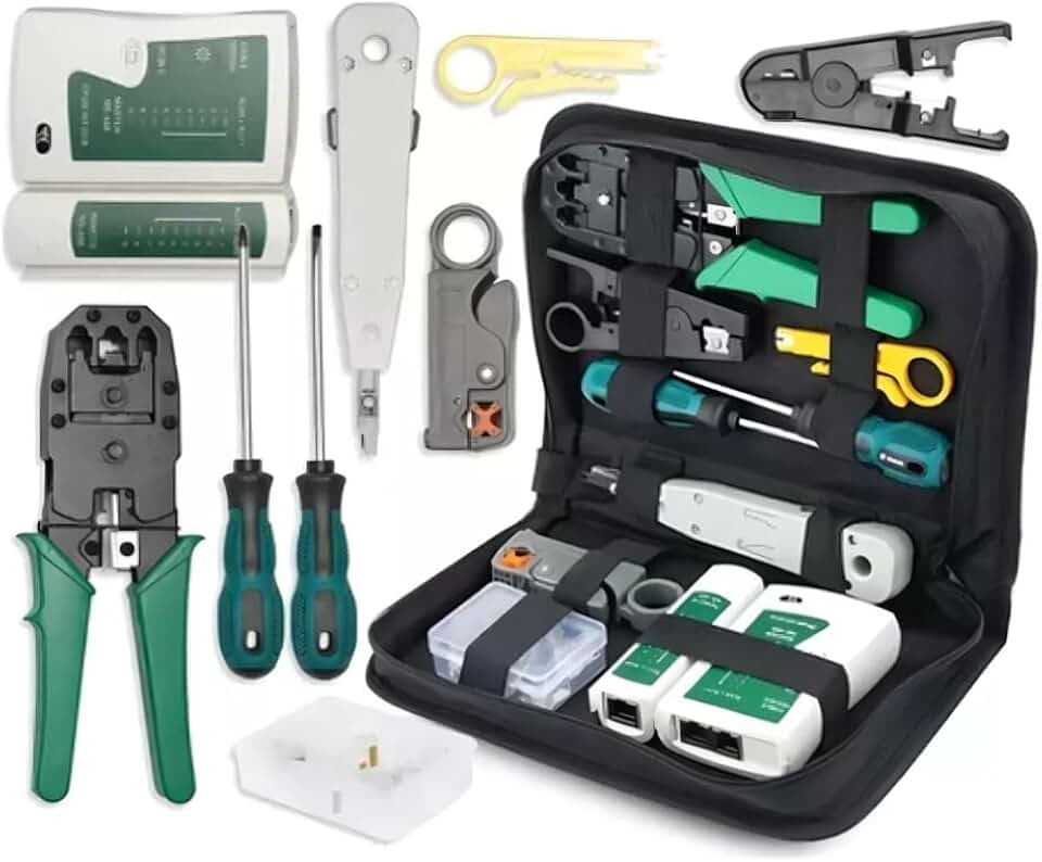 Kit Ferramentas Rede Informática 10 em 1 com Alicate Crimpar RJ45 e Testador LAN – Conjunto Manutenção Internet Computador com Estojo Maleta Bolsa Técnico de Informática Profissional Premium