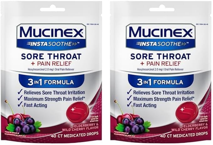 Mucinex Instasoothe Sore Throat Relief, Sore Throat Lozenges, Sore Throat Medicine with Hexylresorcinol, Cough Drops Alternative, 40 Elderberry & Wild Cherry Medicated Numbing Throat Drops (Pack of 2)