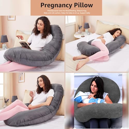 Image of Amazon Basics Full Body Pregnancy Pillow for Maternity,Baby Nursing,Full Body Support-|Perfect Baby Shower Gift|J-Shaped-Washable Cover with Zip - Grey, Velvet (EVAB JS PP GY)
