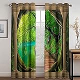 GDYRYD Cortinas Habitacion Dormitorio 3D Puente De Madera En El Bosque Verde Patrón Cortinas Opacas Termicas Aislantes Frío Y Calor Reduccion Ruido Proteccion Intimidad para Hogar, 2 Paneles 55x140cm