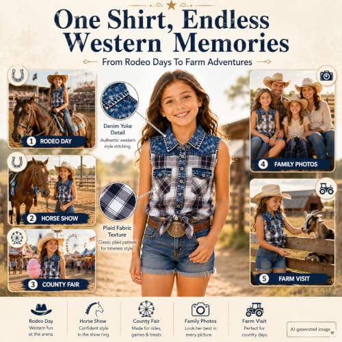 Image of Bienzoe Western Plaid Girls Shirt: Sleeveless Button Down | For girls who love cowgirl style, rodeo days, country concerts, summer comfort, family photos, horse shows, outdoor fun