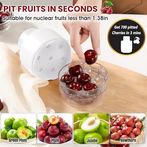 SCHVUBENR 7-IN-1 Large Cherry Pitter Tool - Portable Cherry Corer Pitter with Ergonomic Push Design - Easy to Use for Making Cherry Jam - Pit 7 Cherries at Once, Saving Time & Effort - White