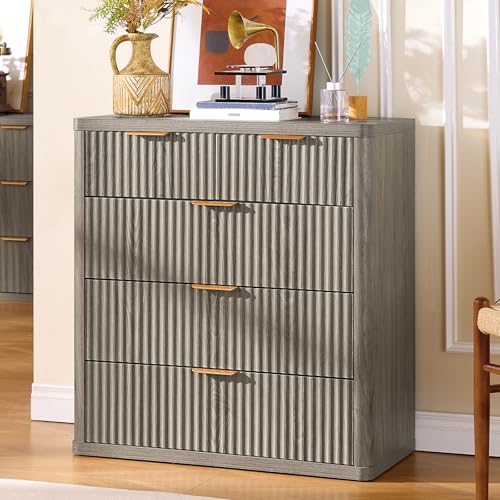 Image of LEYAOYAO Fluted 5 Drawers Dresser for Bedroom Set of 2, 34 inch Tall Modern Chest of Drawers with Metal Handle, Curved Profile Design,Grey Wood Drawer Organizer for Bedroom, Living Room, Hallway