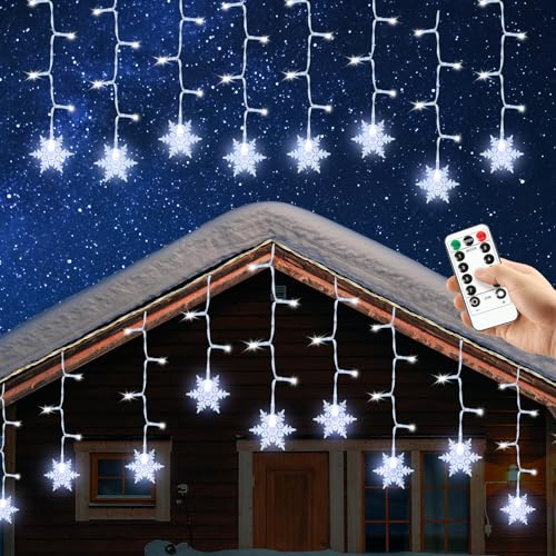 AUAUY Tenda Luminosa Natale, Luci Natale Cascata Fiocco di Neve, 4M 96LED Catena Luminosa, 8 Modalit, IP44 Impermeabili Luci di Natale da Esterno, Natale Decorazioni Casa, Bianco Freddo