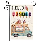 Hello Summer Colorful Car Ice Cream Garden Flag 12x18 inch Double Sided Burlap Home Outdoor Yard Decor Flag