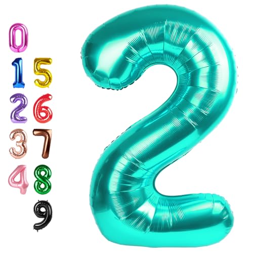 Image of 2 Balloon 40 inch Teal Blue Number Balloons for 2nd Birthday Decoration | Saturated Color, Large 40 in, With Inflation Straw & Hanging Hole, Great for Men's Party, Back-To-School Season, Pool Party
