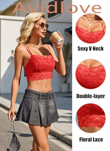 Image of Avidlove Bralettes for Women Lace Camisole V Neck Double-Layered Adjustable Strap Tank Cami Crop Top