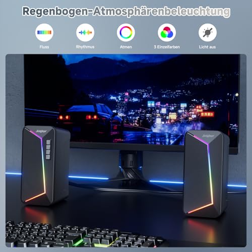 SOULION R40 PC Lautsprecher, USB-C/USB-betriebene Computer Stereo mit Lautstärkeregler, LED-Beleuchtung, PC Boxen mit USB/Bluetooth Modus für Smartphone, Laptop,Desktop und Monitor, 1 Paire, Schwarz