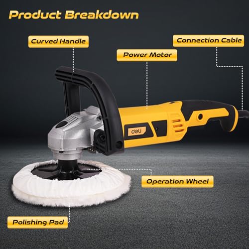 Image of Deli DL-PG180-E1 1200W Angle Polisher 180mm Corded Electric Heavy Duty with 800-3600 RPM 6 Geared Speed Adjustment Spindle Lock & Auxilary Handle