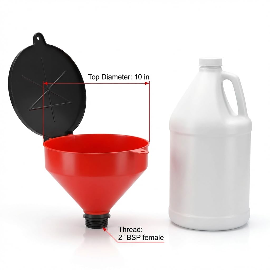 QWORK Imbuto bloccabile da 4 litri con filtro schermo rimovibile, confezione da 2 adattatori BSP da 5,1 cm, imbuto di sicurezza in plastica per olio, filtro antigoccia e imbuto in polietilene per