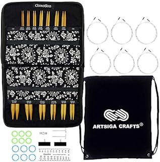 ChiaoGoo Spin Bamboo 4-Inch Complete 2400-C Interchangeable Circular Knitting Needle Set, Sizes US 2, 3, 4, 5, 6, 7, 8, 9, 10, 10.5, 11, 13, 15 with 6 Cords Bundle with 1 Artsiga Crafts Project Bag