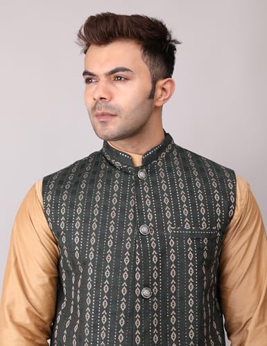 Image of Men's Cotton Silk Blend Regular Kurta Pyjama, Embroidered Nehru Jacket /Waistcoat Set
