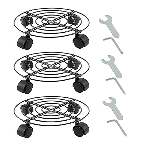 HAYAN Paquete de 3 bandejas para plantas con ruedas de 27 cm, carrito redondo de metal para maceta, 