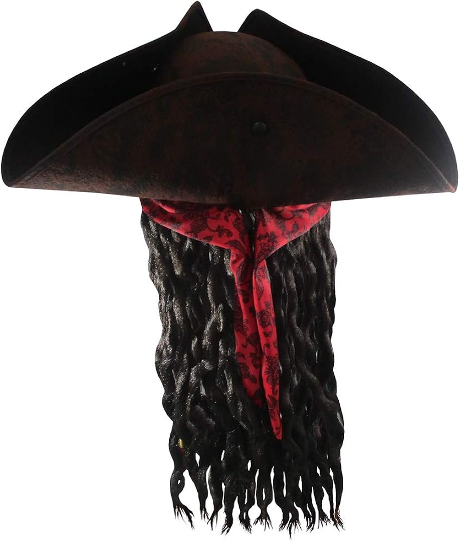 Deluxe Pirate Hat with Dreadlocks Hair Braids Eye Patch Earring Handheld Pirate Hook Set - Buccaneer Tricorn Pirate Hat - Caribbean Pirate Hat - Pirate Costume Accessories Set, Adjustable Size Brown