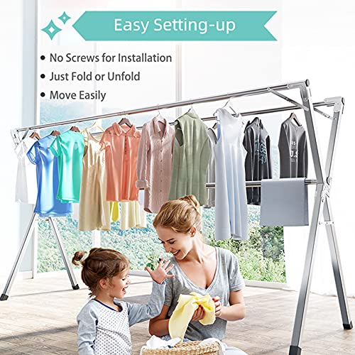 Yacasa Clothes Drying Rack, 79 Inch Heavy Duty Stainless Steel Laundry Drying Rack, Foldable &Length Adjustable Space Saving Garment Rack, With 20 Windproof Hooks. #TOP6