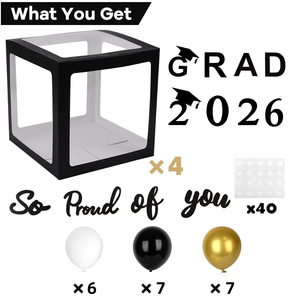2026 Graduation Party Decorations - Black Balloon Boxes with Letters, "GRAD" & "So Proud of You" & "2026", 20pcs Balloons, Graduation Photo Props for High School College Class of 2026 Celebration — Amazon image 3