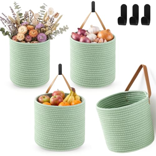 Image of Honeydak 3 Hanging Baskets, Sage Green, Cylinder, Cotton Rope