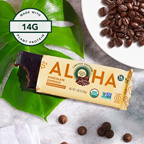 Aloha Organic Plant Based Protein Bars - Chocolate Espresso (85Mg Caffeine) - 12 Bars, Vegan, Low Sugar, Gluten-Free, Paleo, Low Carb, Non-Gmo, No Stevia, No Erythritol #TOP6