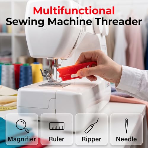Image of 2 Pcs 4 in 1 Needle Threader, Automatic Sewing Needle Threader for Hand Sewing & Sewing Machine, Magnetic Sewing Tool with Magnifier & 2 Seam Rippers (Red)