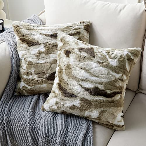 Cosyco Sherpa Throw Pillow Covers, Animal Print Soft Fluffy Cushion Covers, Decorative Pillow Covers For Couch, Sofa, Bed, Accent Pillows, Set Of 2, 18X18 Inches, Camo Print #TOP3