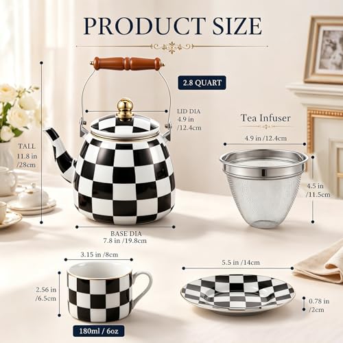 9 Pcs Checkered Teapot Set, Black and White Vintage Farmhouse Kitchen Decor by Patelai - Image 3