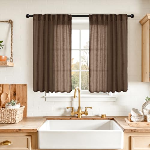 YoungsTex Brown Linen Curtains 40 Inches Long for Kitchen Window - Short Semi Sheer Drapes Light Filtering Natural with Rod Pocket Back Tab for Bathroom Bedroom Window, Brown, 2 Panels, 42 X 40 Inch