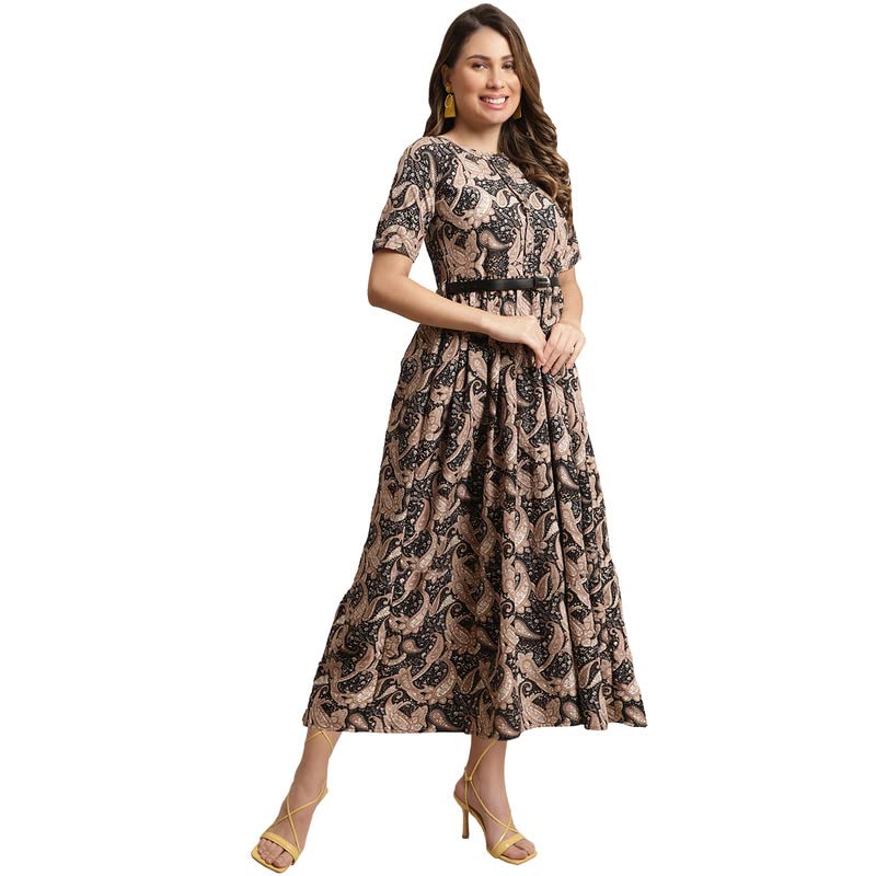 Preneum Girls's Georgette Floral Printed 3/4 Slevees A-Line Fit & Flare Gown With Belt, Black, L